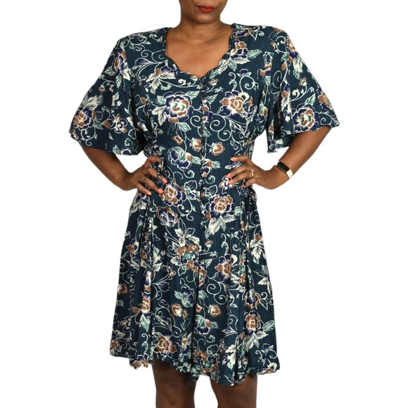 Vintage Floral Romper Green Rayon Playsuit Adjustable Corset Waist Plus Size 14 - Picture 12 of 16